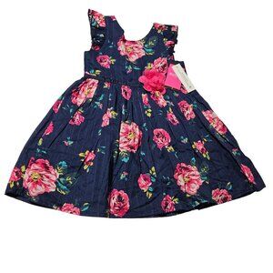 Zunie Navy Blue Floral Print Easter Dress Girls Size 3T Pink Flower Sundress